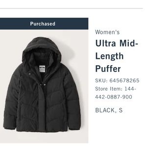Abercrombie ultra mid length puffer jacket